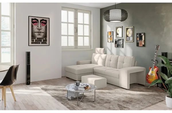 PALERMO ággyá alakítható kanapé tárolóval és puffal, világosszürke, balos kivitel