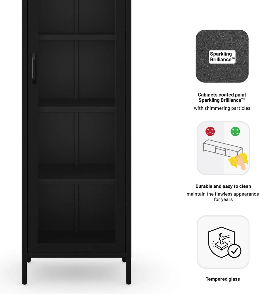 Fekete üveg vitrin nappaliba, fém lábakon LUIGI Modern 500 x 1800 x 350 mm