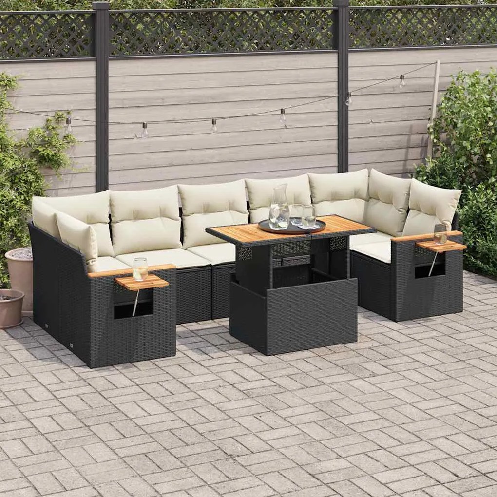 8 részes fekete polyrattan akácfa kerti ülőgarnitúra párnákkal