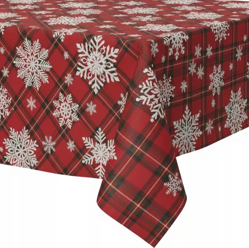 Ünnepi Eldobható Asztalterítő 130x180 Műanyag Viaszos Vászon Piros Hópehelyes