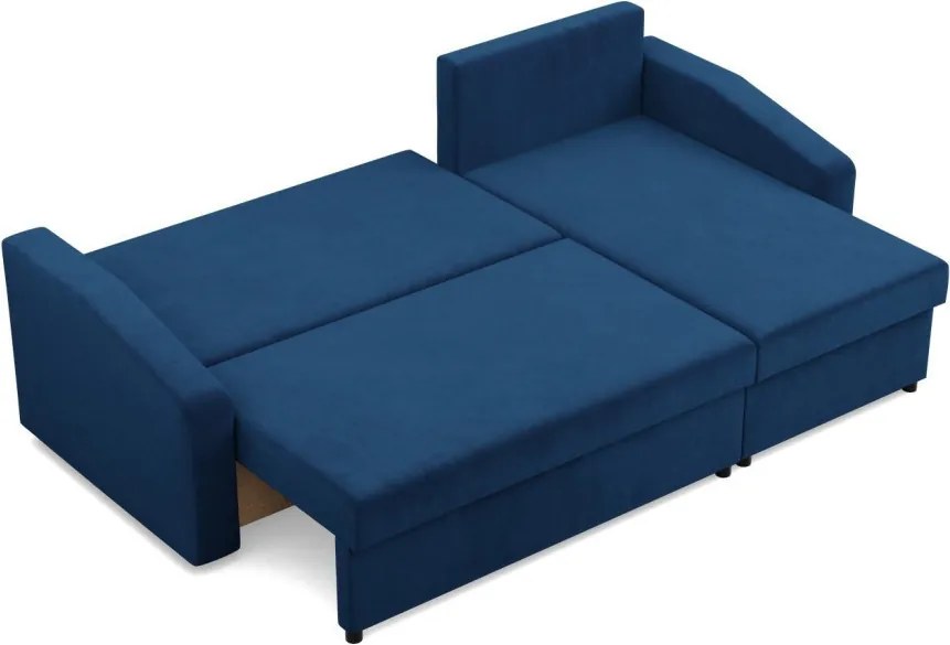 Zeus sarokkanapé, 2 ágyneműtartóval, döntött kartámasz, bársony, univerzális oldal, hab töltet, kék