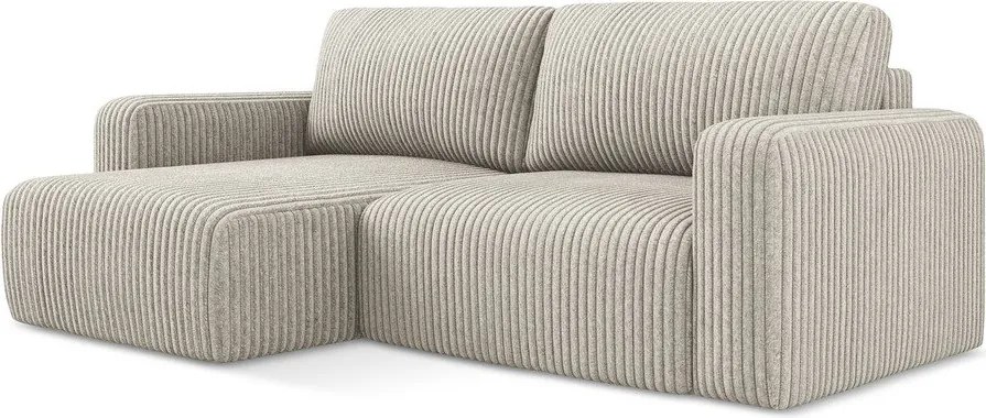 Bézs kordbársony kinyitható-tárolóhelyes sarokkanapé (bal oldali-heverő résszel) Kona – Makamii