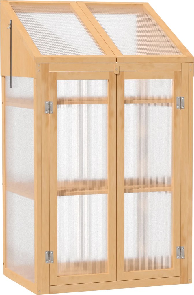 Outsunny fa hidegkeret, mini üvegház 70 x 50 x 120 cm, tetővel, ablakkal, dupla ajtóval, fényáteresztő hidegkeret 3 polccal, télálló emelt ágyás kerth