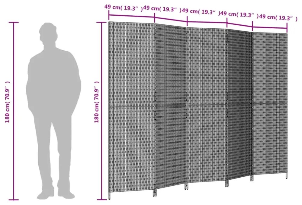 szürke 5-paneles polyrattan térelválasztó