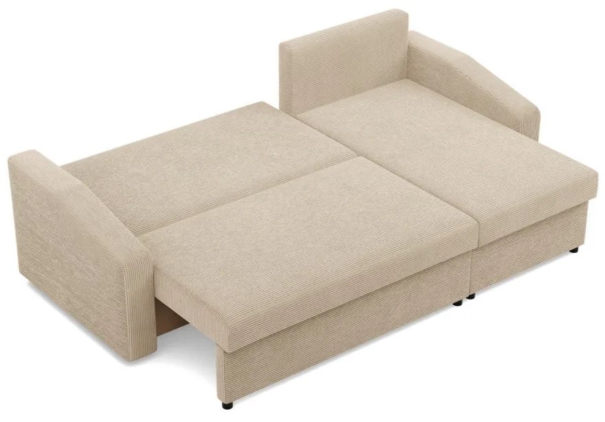 Zeus sarokkanapé, 2 ágyneműtartóval, döntött kartámasz, kordbársony, univerzális oldal, hab töltet, bézs