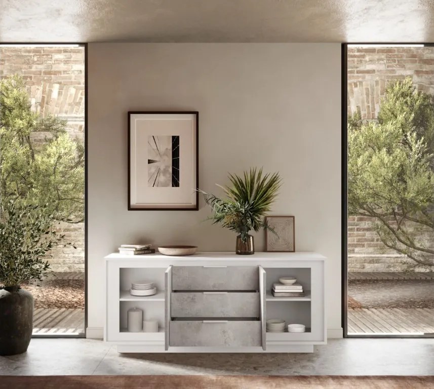 SKY 2.0 komód 2 ajtóval és 3 fiókkal, fehér matt lakkozott vázzal és betonhatású laminált előlapokkal