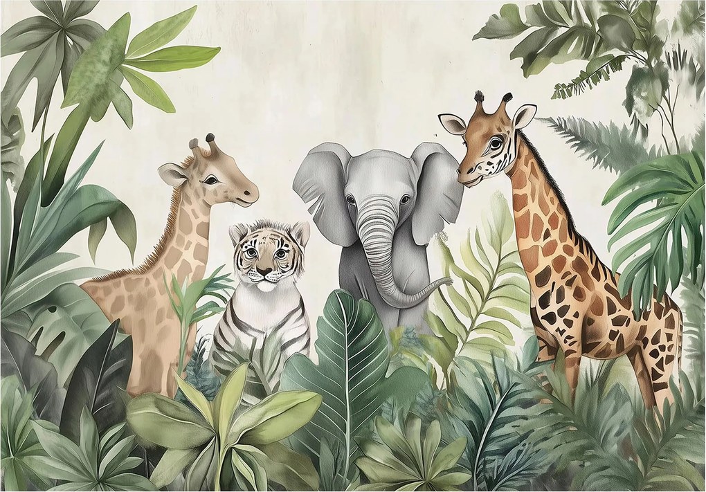 Gyerekszoba fotótapéta Dzsungel elefánt zsiráffal és tigrissel gyerek