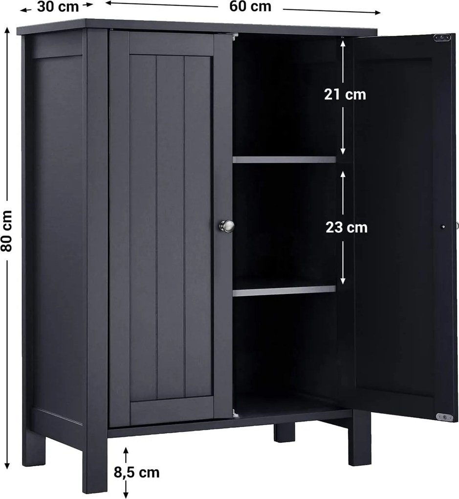 Szabadon álló fürdőszobai tárolószekrény 2 ajtóval, 60 x 80 x 30 cm szürke