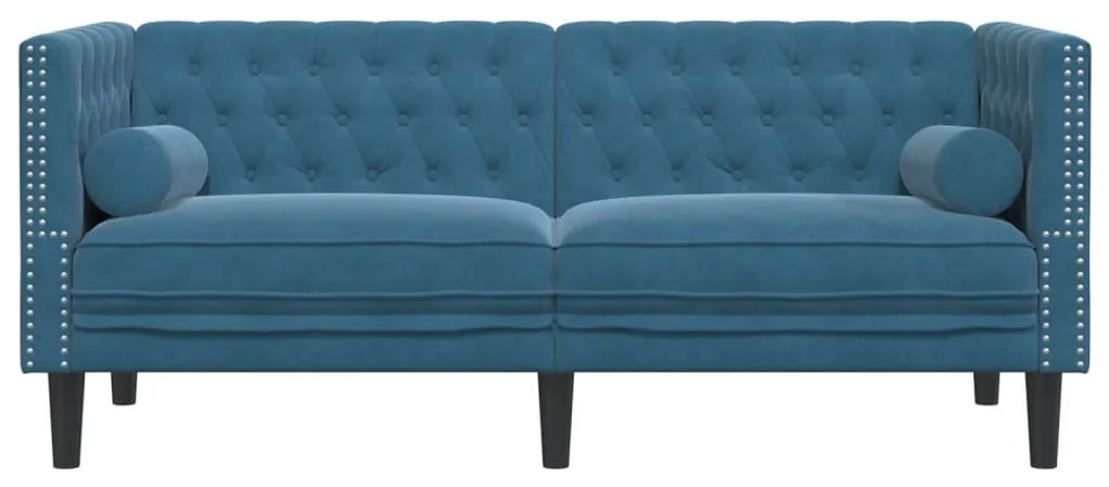2 személyes kék bársony Chesterfield kanapé hengerpárnákkal