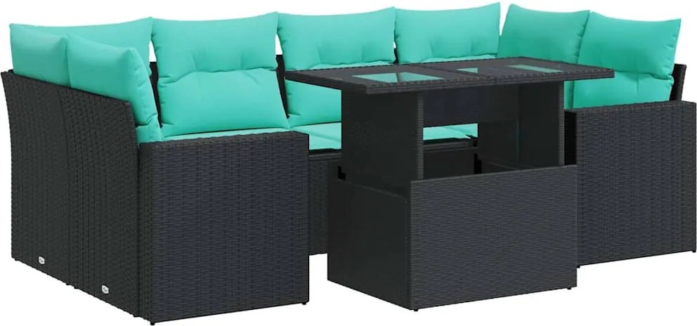 vidaXL 7 részes fekete polyrattan akácfa kerti ülőgarnitúra párnával