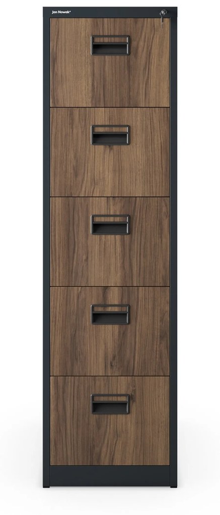 Fém irattartó szekrény, 5 fiókos SARA V5, 460 x 1625.5 x 620 mm, Eco Design: antracit/ dió