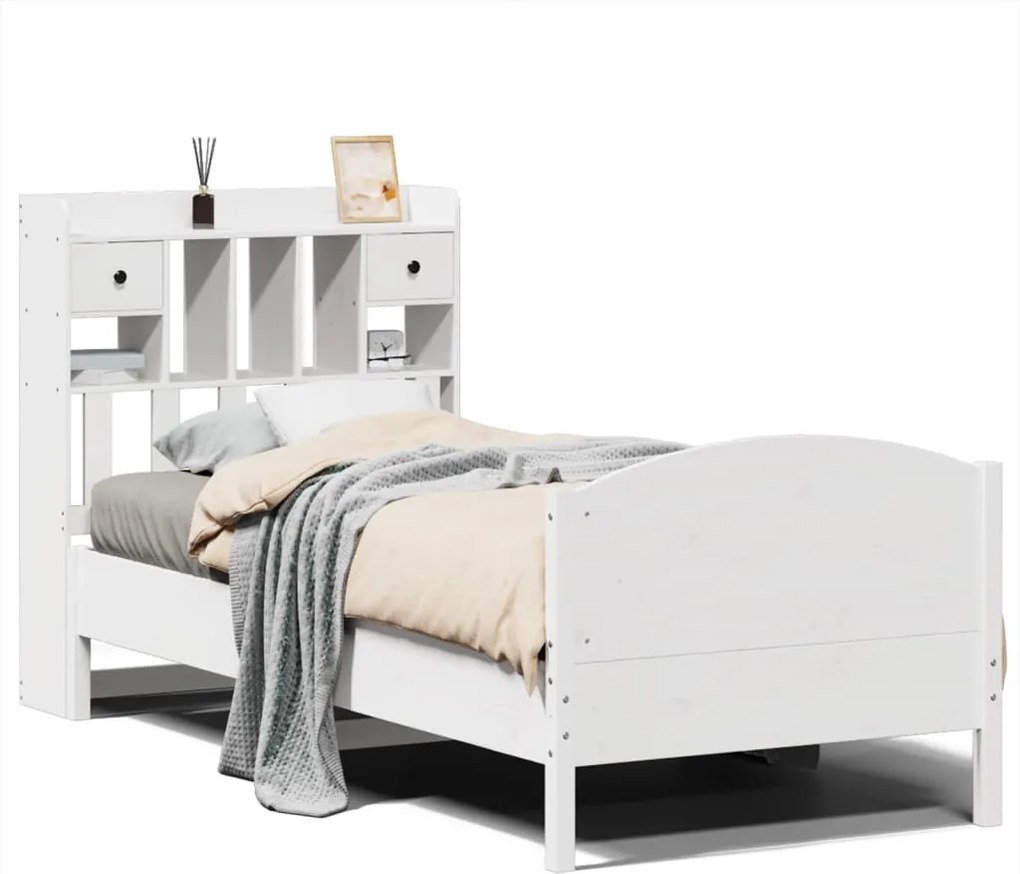 vidaXL fehér tömör fenyőfa könyvespolcos ágy matrac nélkül 75 x 190 cm