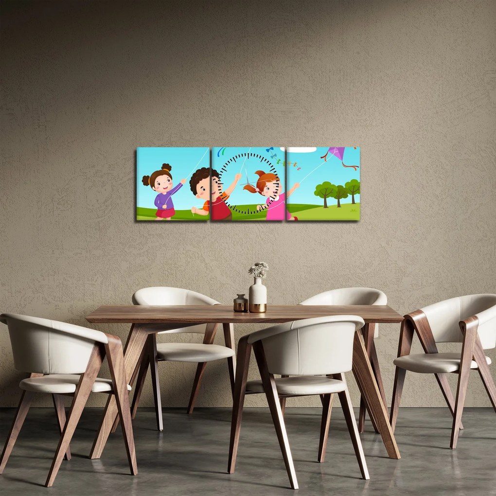Kép - Sárkányrepülőt éngedő gyermekek (órával) (90x30 cm)