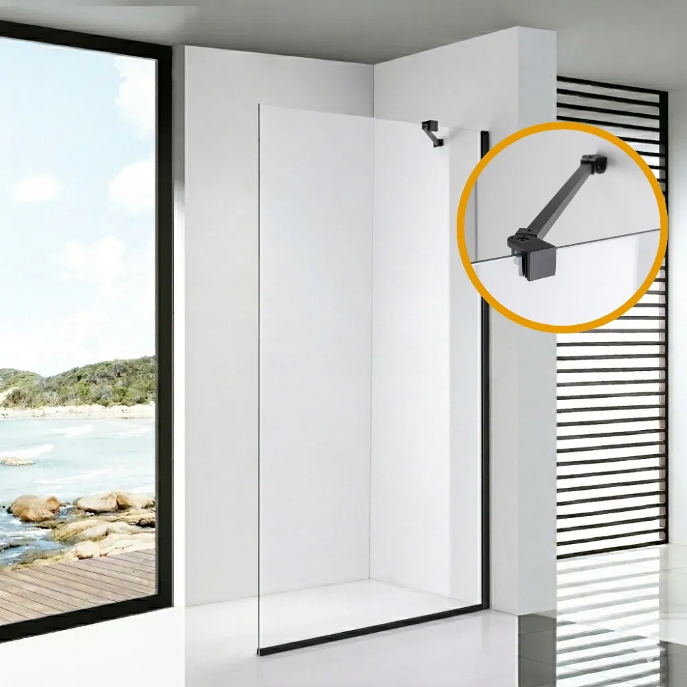 Stuxi Milano Easy Black Walk-in zuhanyfal, 110x200 cm, 8 mm vastag vízlepergető biztonsági üveggel, helytakarékos stabilizátorral