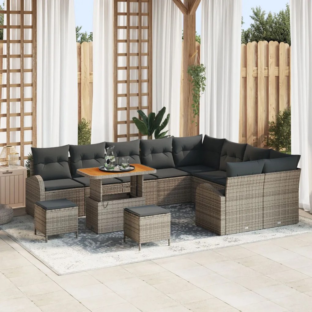 12 Darabos Kerti Kanapé Szett Párnákkal Szürke Poly Rattan Akác, 3 Darabos Kerti Étkező Szett Párnákkal Szürke Poly Rattan Akác, Kétfős Kerti Kanapé Párnákkal Szürke Poly Rattan
