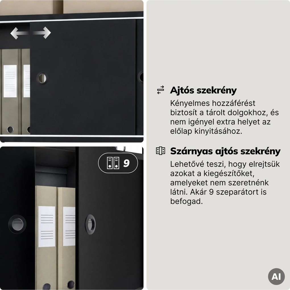 Iratrendező polc zárható szekrénnyel, irodai, nyitott polcok, fém fekete, 800x2200x400 mm: ARIEL