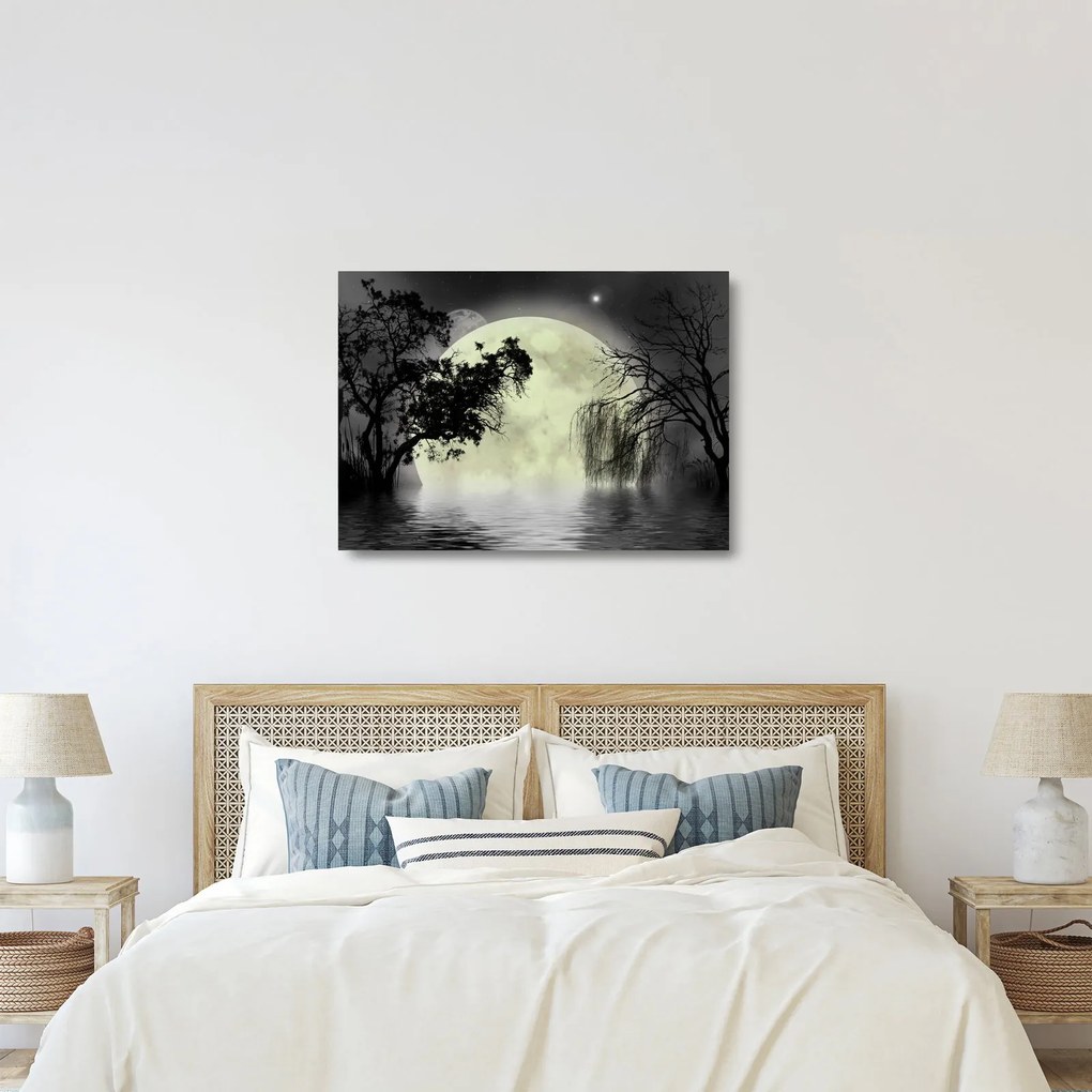 Kép - Telihold a felszín felett, fekete-fehér változat (üvegen) (70x50 cm)