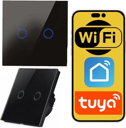Érintőkapcsoló Wifi üveg Tuya fekete 2 csatorna Smart dupla led