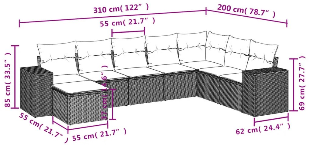 8 részes fekete polyrattan kerti ülőgarnitúra párnákkal