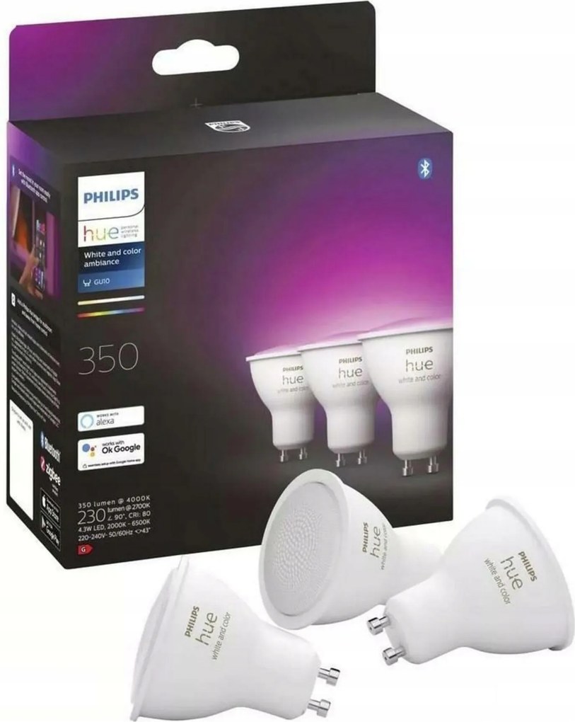 Philips Hue Bluetooth Led fehér és színes hangulatvilágítás GU10 3 db Rgb 4,3 W 350 lm