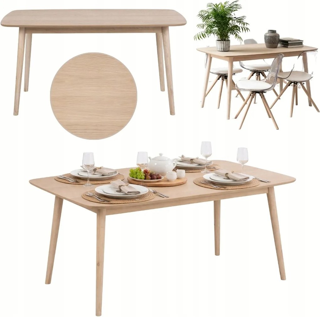 Étkezőasztal 150x80cm Tölgy fehérített furnér tömör 6 személyes fa boho