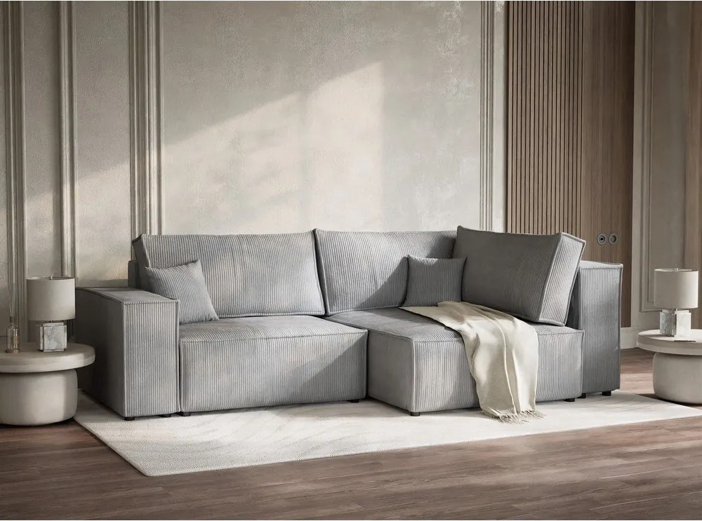 Szürke kordbársony kinyitható-tárolóhelyes sarokkanapé (jobb oldali-L alakú) Tonga – Maison de Rêve