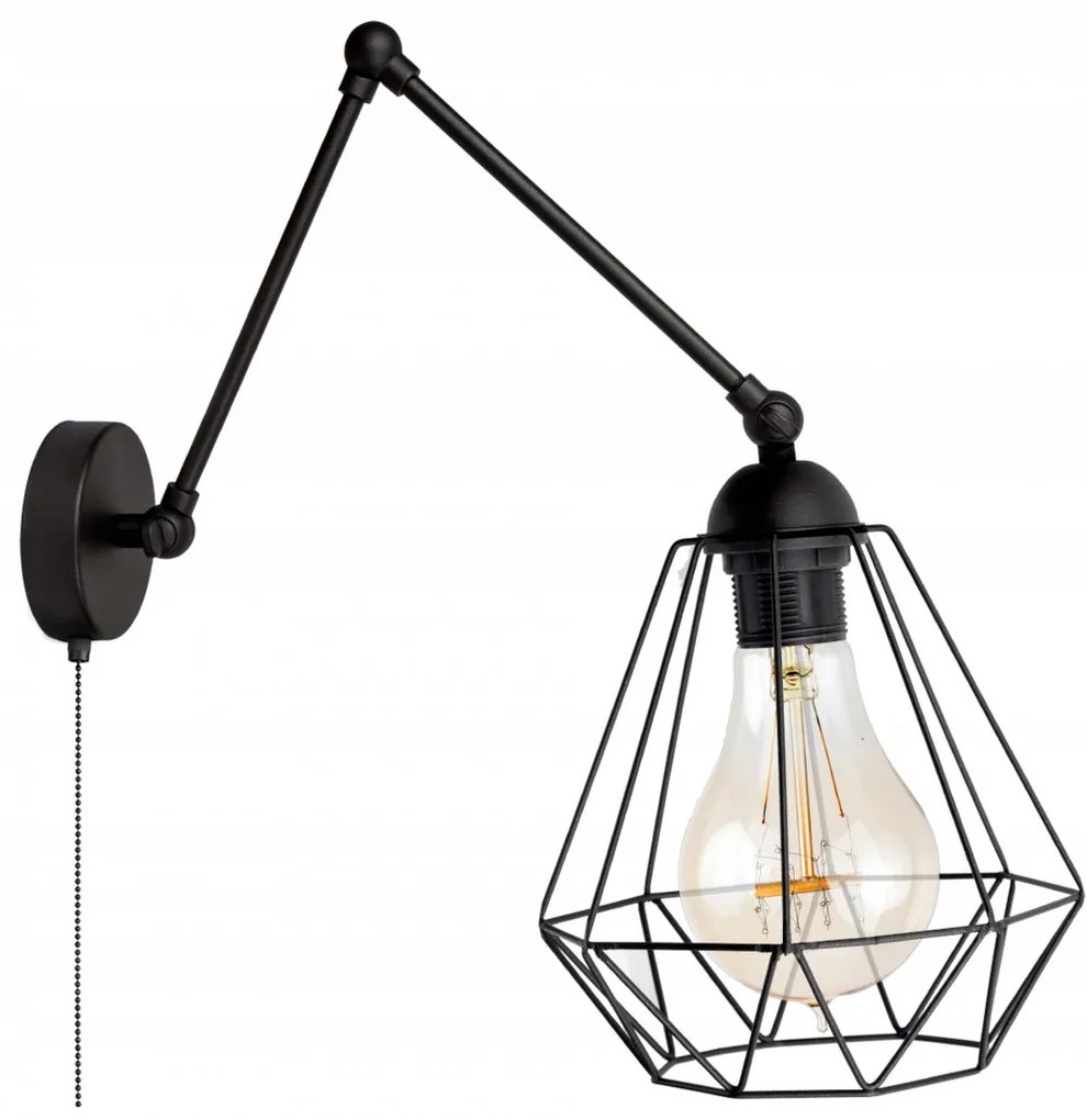 Glimex Diamond drót búrás hosszú karos állítható fekete fali lámpa kapcsolóval 1x E27