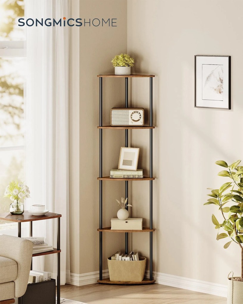 5 szintes sarokpolc, gyors összeszerelés, rusztikus barna tároló állvány