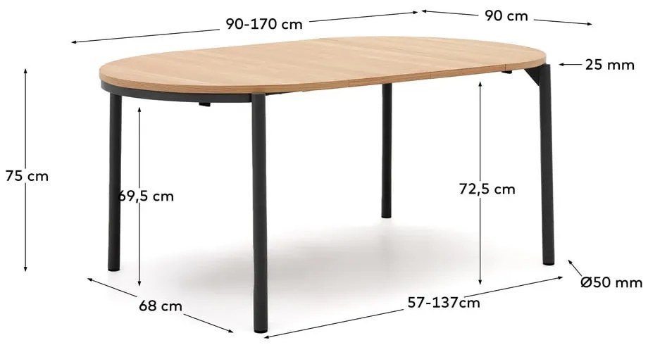 Natúr színű kerek bővíthető étkezőasztal tölgyfa dekoros asztallappal ø 90 cm Montuiri – Kave Home