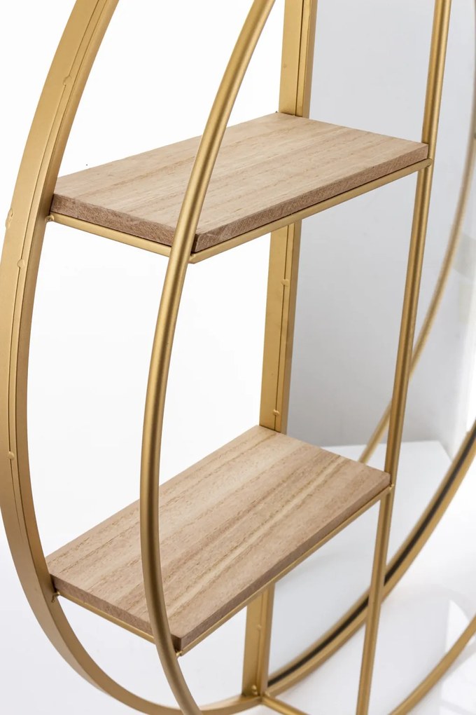 Design kör alakú fürdőszobai fali polcos tükör fa polcokkal 80x80x12cm