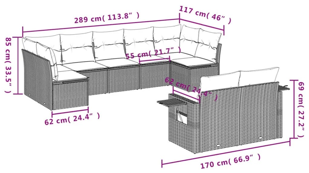 9 részes fekete polyrattan kerti ülőgarnitúra párnákkal