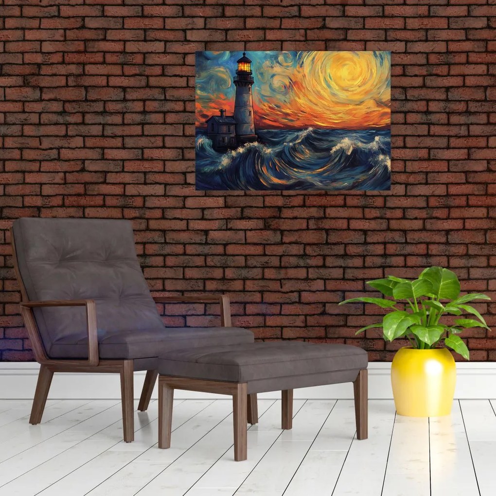 Üveg kép - Világítótorony a hullámokban (70x50 cm)