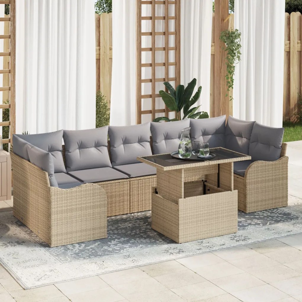 8 Darabos Kerti Sofa Szett Párnákkal Bézs Poli Rattan, 2-Fős Kerti Sofa Párnákkal Bézs Poli Rattan