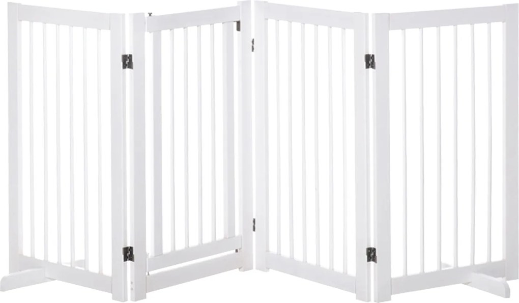 PawHut Szabadonálló Kutyakapu Talppal 220 x 91 cm Fa Pet Konyhai Védőkapu Lépcsőrács Ajtóvédő 4 Panelek, Fehér | Aosom