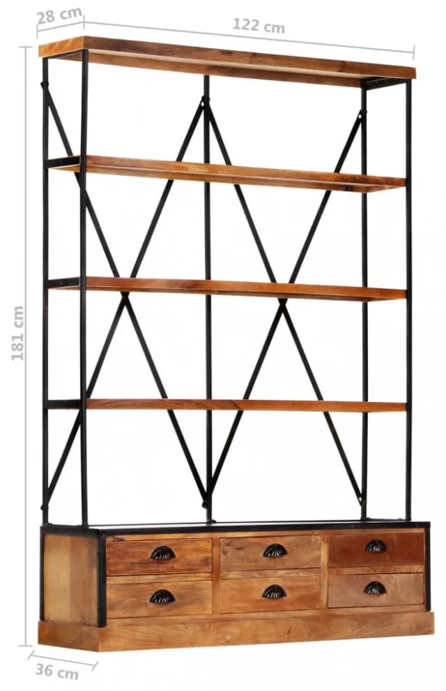 4-szintes tömör mangófa könyvespolc 6 fiókkal 122 x 36 x 181 cm