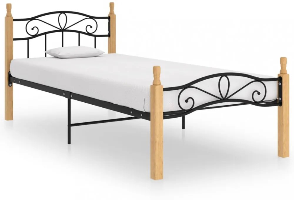 fekete fém és tömör tölgyfa ágykeret 100 x 200 cm