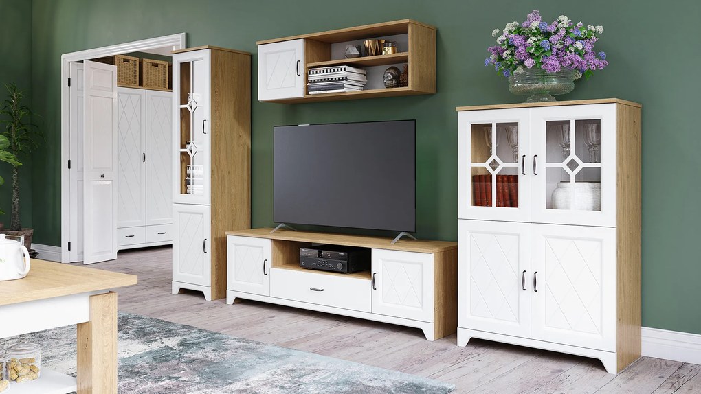 Mazzoni PROVENZA D2SZ1 TV-állvány Kőtölgy/Fehér Matt - TV-ÁLLVÁNY NAPPALIBA RETRO