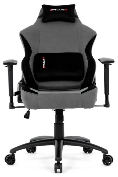 Scaun pivotant pentru gamer, țesătură gri, structură balansoar, poziționare spătar 90°-180°, cotiere 3D, spumă cu memorie și perne