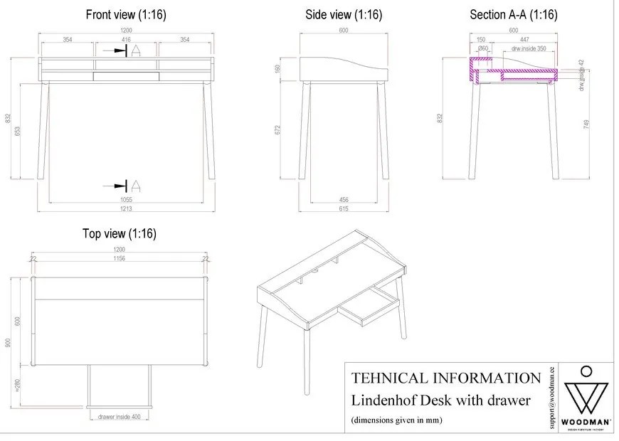 Szekreter típusú íróasztal 60x120 cm Lindenhof – Woodman