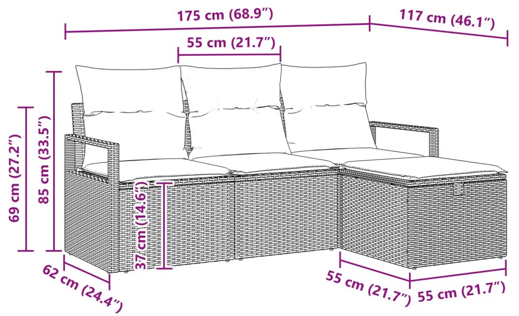 4 darabos kertikanapé szett párnákkal Szürke Poli Rattan