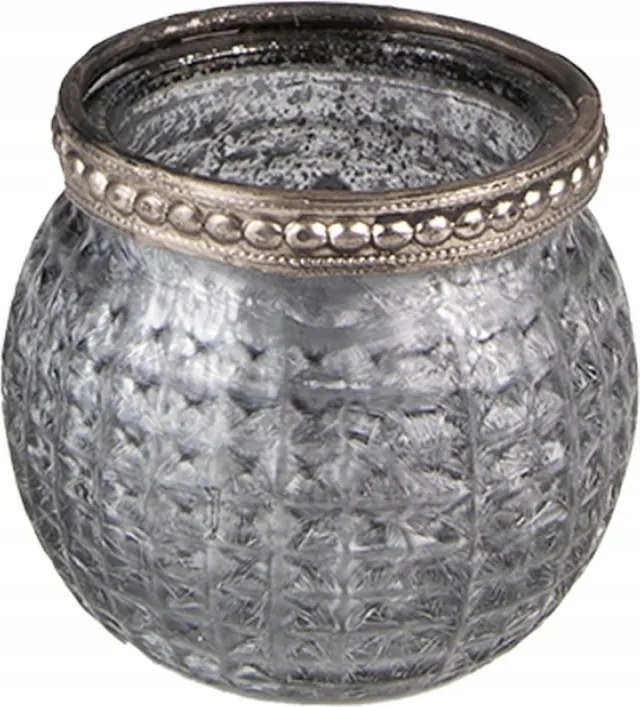 Melegítő gyertyatartó szürke üvegből, dekoratív szegéllyel 6x5 cm