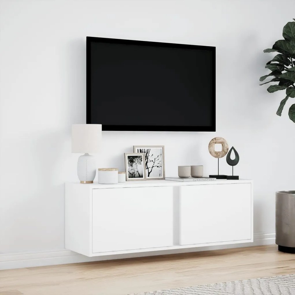 fehér falra szerelhető TV-szekrény LED-lámpákkal 100x31x35 cm