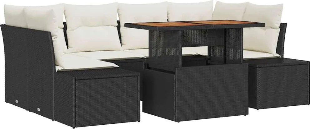 vidaXL Kerti Kanapé Szett tárolóval 7 pcs Fekete Poli rattan