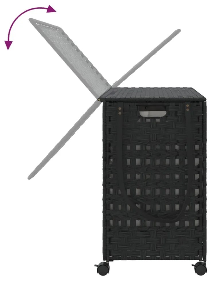 fekete rattan szennyeskosár kerekekkel 66x35x60 cm