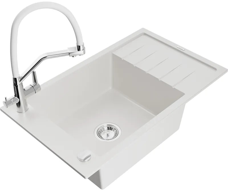 Mexen Elias egymedencés gránit mosogatótálca csepegtetővel és Duo konyhai csapteleppel, fehér - 6511-20-671701-02