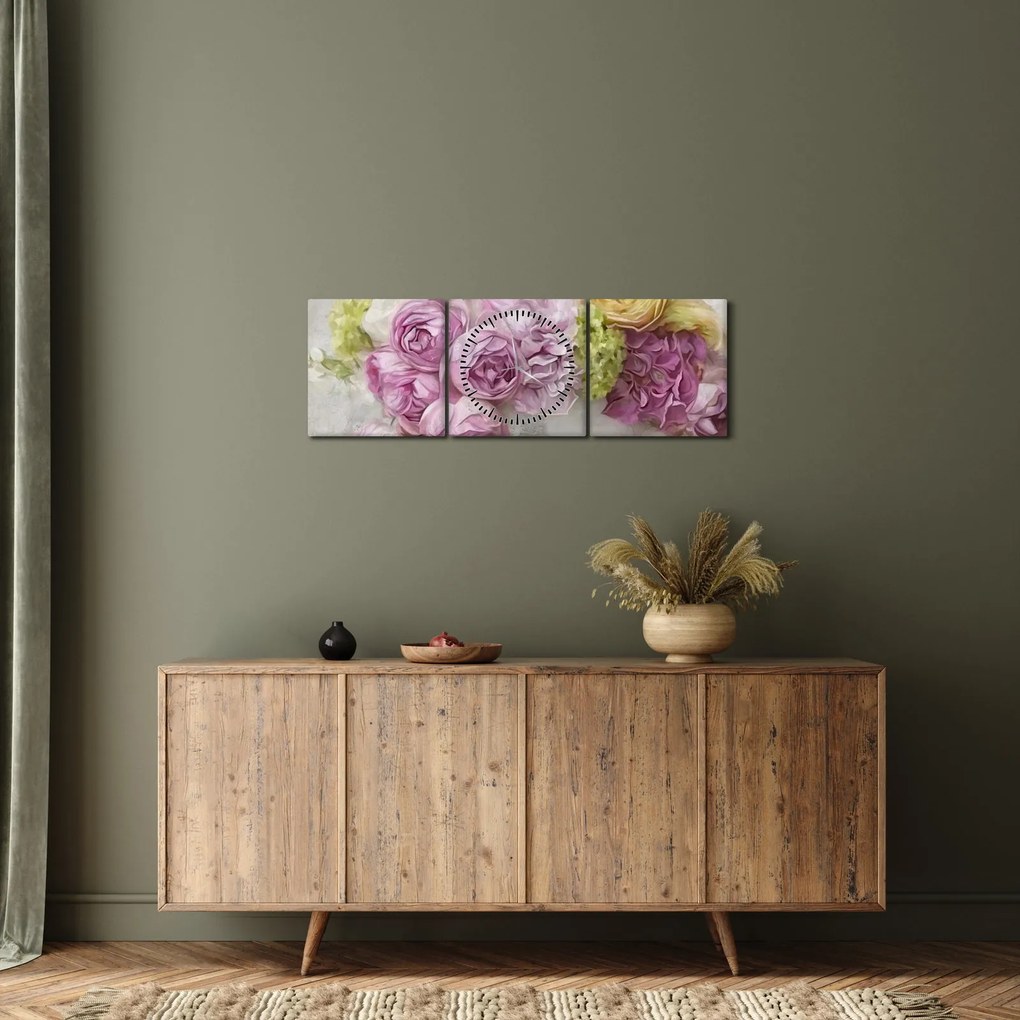 Kép - Virágok a falon pasztell színekben (órával) (90x30 cm)