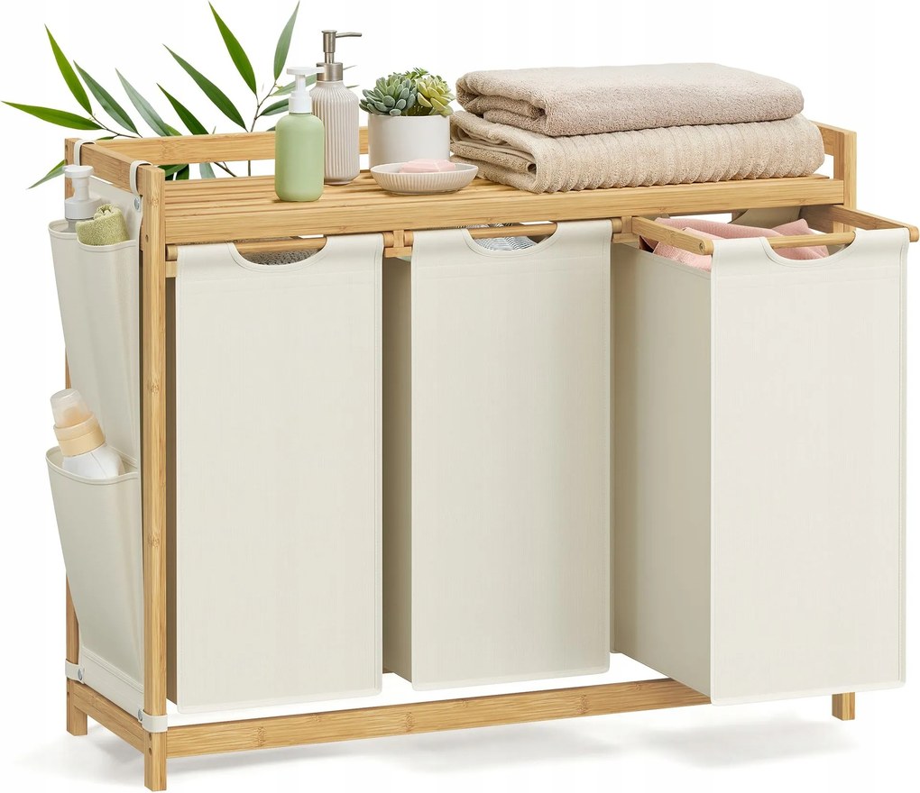 Bambusz szennyestartó kosár 3 x 50 L bambusz munkalap oldalsó rendszerező utántöltő