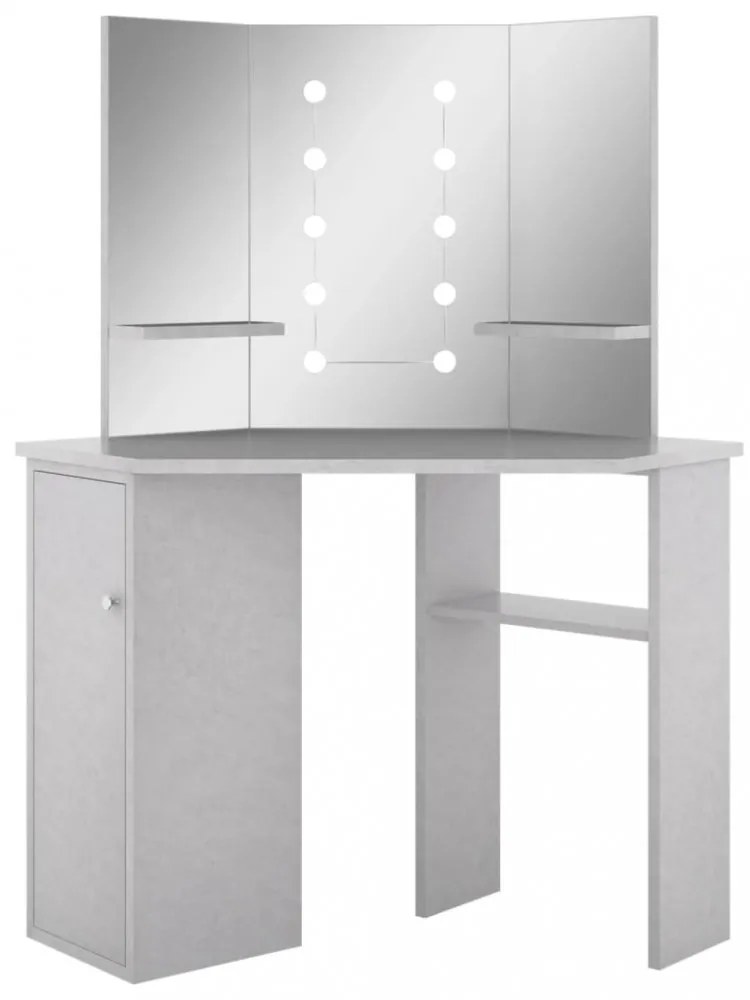 betonszürke sarok-fésülködőasztal LED-del 111x54x141,5 cm