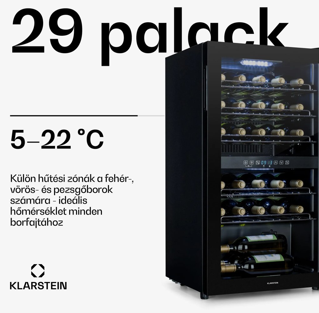Klarstein Shiraz 29 Duo, borhűtő, 80 liter, 29 palack, 2 zóna, 5 - 22 °C, érintős, fekete