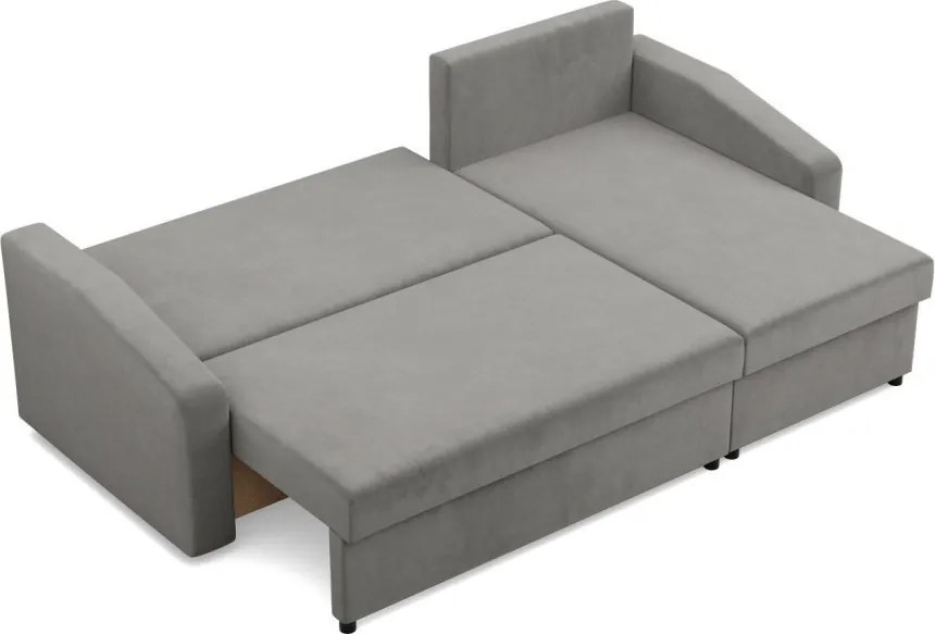 Zeus sarokkanapé, 2 ágyneműtartóval, döntött kartámasz, bársony, univerzális oldal, hab töltet, világosszürke